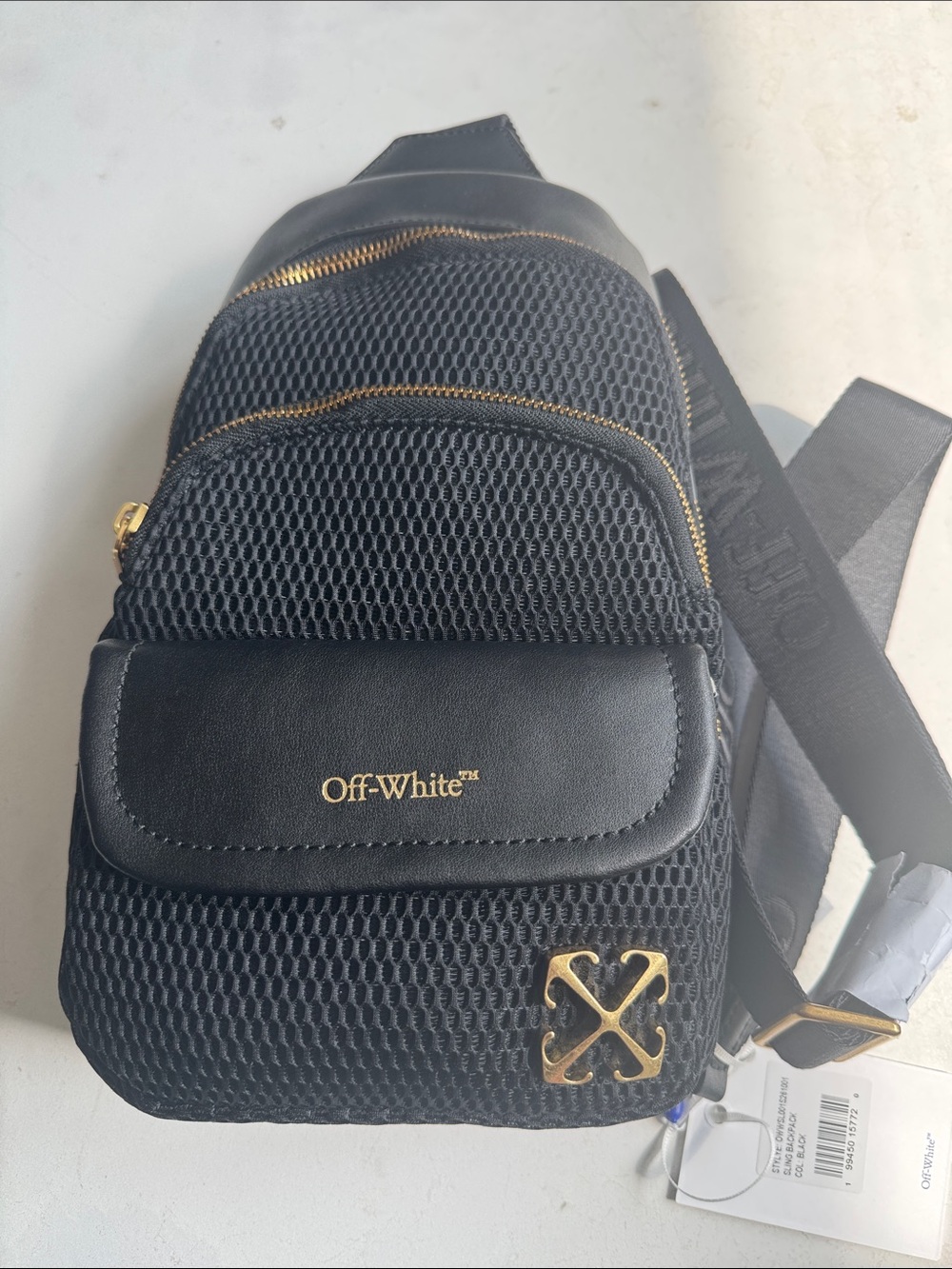 Off-White Black Mesh Sling Bag with Gold Hardware Accents